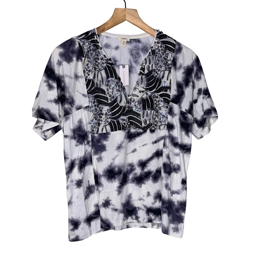 Anthropologie Tiny Tie Dye Sequin Embroidered V-Neck Top Black White Small NEW